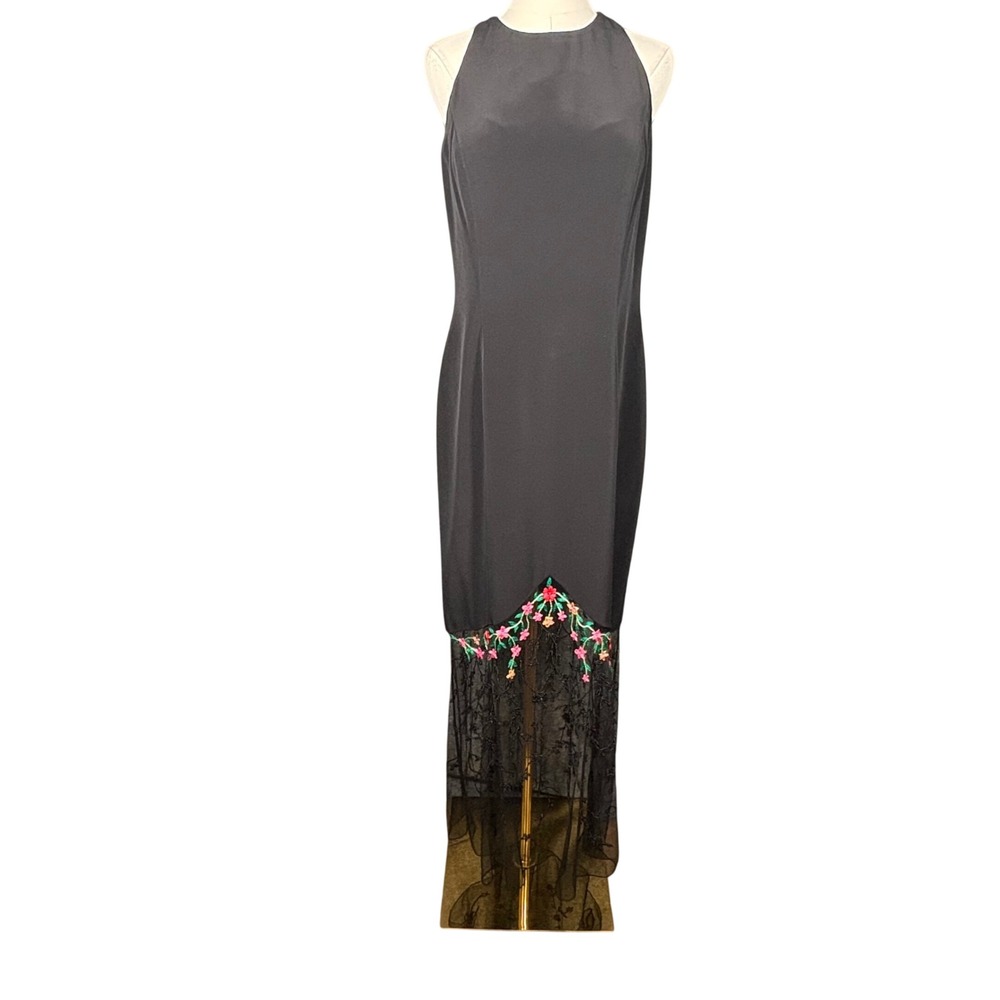 Diane Freis Original Vintage Beaded Butterfly Floral Mesh Black Maxi Dress Large